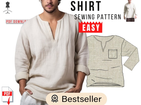 Man Boho Relaxed Fit Shirt Collar Pattern Long or Short Sleeves PDF download to sew diy, piece of conversation, ice breaker